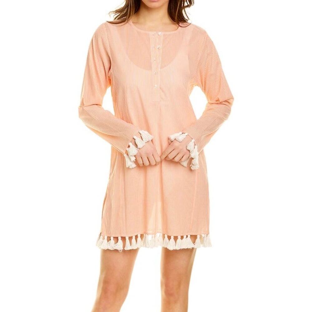 Tory Burch Lucia Narrow Striped Beach Tunic Dress Women's Medium Tassel Trim